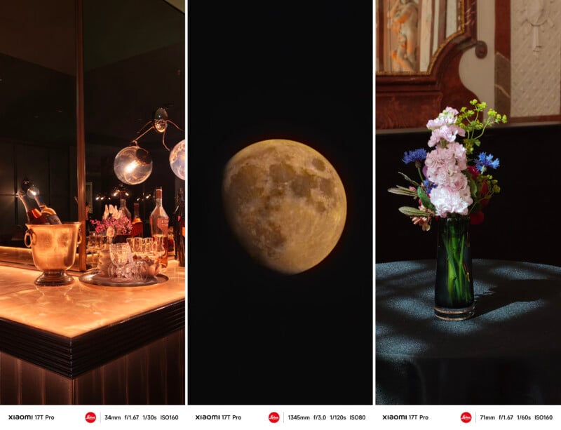 Triptych photo: A bar counter with glasses and ice bucket; a close-up of the moon against a black sky; and a vase of colorful flowers on a dark table, each labeled with camera specs and "XIAOMI 13T Pro.