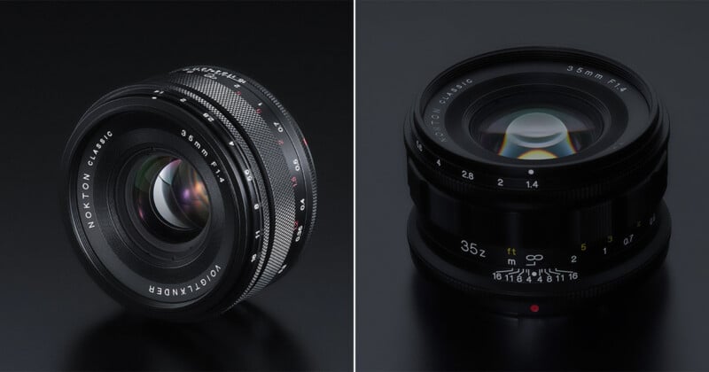 Side-by-side photo of two Voigtländer NOKTON classic 35mm camera lenses on a black surface, showing different angles and highlighting the aperture and focus markings.