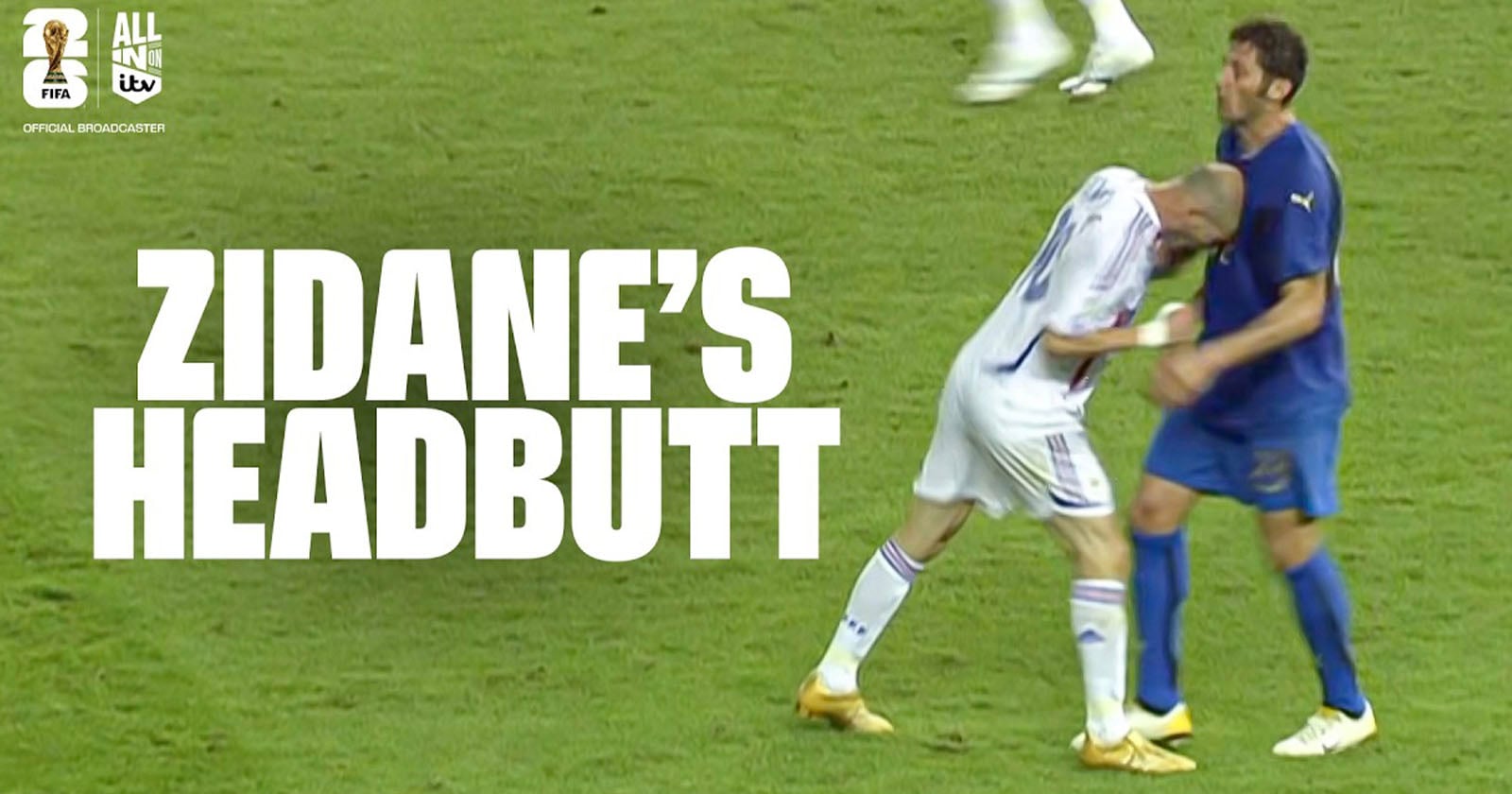 French footballer Zinedine Zidane in a white uniform headbutting Italian player Marco Materazzi in blue during a FIFA World Cup match, with bold text reading "ZIDANE'S HEADBUTT" on the left side.