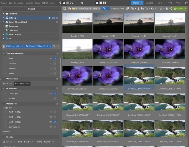 A computer screen displays a photo management software with multiple thumbnails of flowers and coastal landscapes, a file browser on the left, and editing/export options at the top and right of the interface.