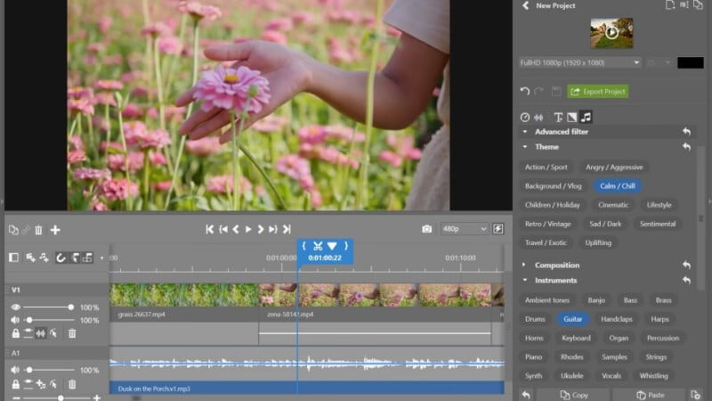 A video editing software interface shows a project with a clip of a hand holding pink flowers. The timeline displays video and audio tracks. Editing options and filters are visible on the right sidebar.