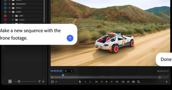 A video editing software interface shows a car driving on a dirt road in a mountainous landscape. A popup says, "Make a new sequence with the drone footage." Another message bubble says, "Done.