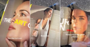 Three magazine pages show close-up photos of women’s faces and beauty articles. Overlaid captions read: “This filler isn’t real,” “Beautiful,” and “These are really great photos.”.