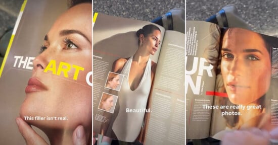Three magazine pages show close-up photos of women’s faces and beauty articles. Overlaid captions read: “This filler isn’t real,” “Beautiful,” and “These are really great photos.”.