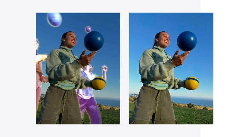 Side-by-side photos of a person outdoors holding two balls, with a blue sky and grass in the background. The left image has purplish, glowing edited figures and floating balls; the right image is unedited and natural.
