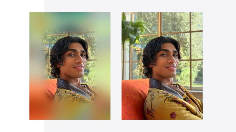 A person with dark hair sits indoors on an orange chair, wearing a yellow floral jacket. The left image is blurred around the edges, while the right image is clear and sharp, showing the person smiling slightly.