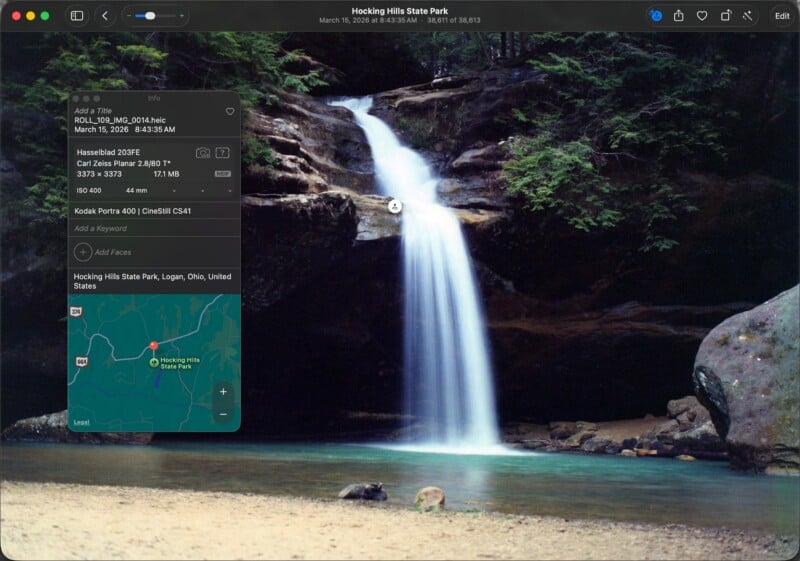 A waterfall cascades into a clear pool surrounded by rocks and trees. On the left, a map and photo information overlay indicates the location is Hocking Hills State Park, Logan, Ohio, USA.