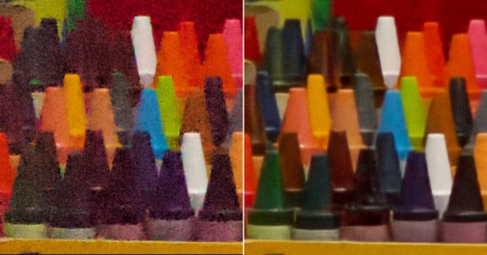Close-up of colorful crayons arranged in rows, split vertically; the left side appears grainy and blurry, while the right side is clearer and sharper, showing the crayon details more distinctly.