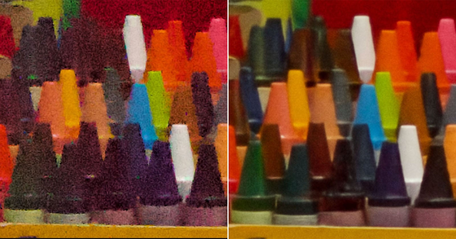Close-up of colorful crayons arranged in rows, split vertically; the left side appears grainy and blurry, while the right side is clearer and sharper, showing the crayon details more distinctly.