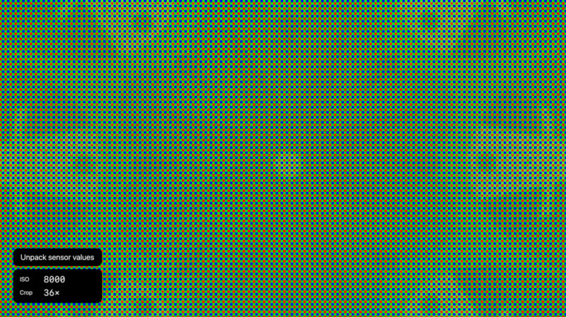 A digital green grid pattern fills the screen, with a small black box in the lower left corner displaying the text "Unpack sensor values," "ISO 0x09," and "Crop 36x.