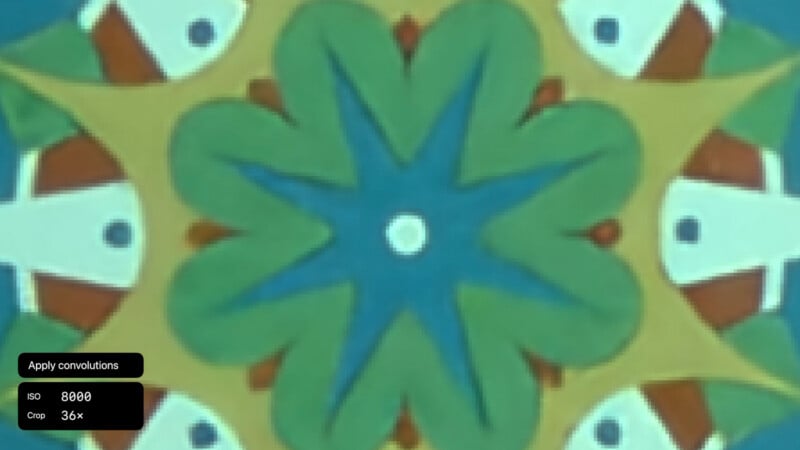 A colorful, blurry kaleidoscopic pattern with blue, green, yellow, and white shapes radiating from a central white circle. Overlay features labels with the words "Apply convolutions," "ISO 8008," and "Crop 36x.