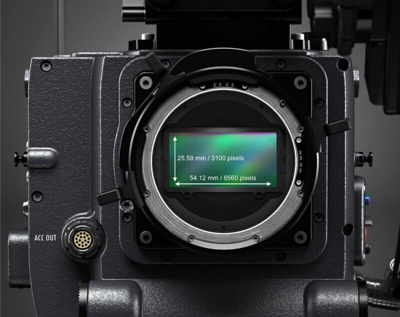 Close-up view of a digital camera's sensor inside the lens mount, with overlaid green arrows and numbers indicating the sensor's dimensions: 25.58 mm by 54.12 mm, or 3100 by 6560 pixels.
