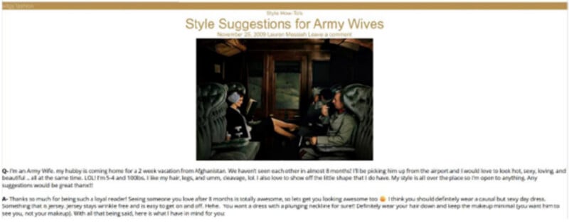 A blog post titled "Style Suggestions for Army Wives" shows a vintage photo of four women in 1940s attire sitting on a train. The post discusses outfit ideas for greeting a loved one returning from deployment.