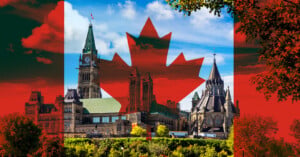 Parliament buildings in Ottawa, Canada, with a large, semi-transparent red maple leaf and parts of the Canadian flag overlaying the image, under a bright blue sky with scattered clouds.