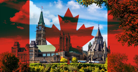 Parliament buildings in Ottawa, Canada, with a large, semi-transparent red maple leaf and parts of the Canadian flag overlaying the image, under a bright blue sky with scattered clouds.