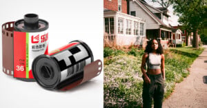 The image is split in half: on the left are two rolls of 35mm film, one unbranded and one with a colorful label in Chinese; on the right, a person stands on a sidewalk in front of a house on a sunny day.