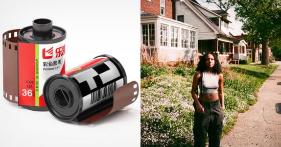 The image is split in half: on the left are two rolls of 35mm film, one unbranded and one with a colorful label in Chinese; on the right, a person stands on a sidewalk in front of a house on a sunny day.