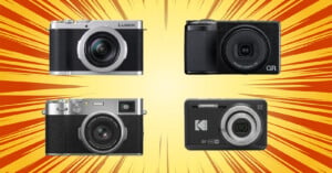 Four different compact cameras are displayed against a yellow background with red dynamic streaks radiating outward, creating a vibrant, energetic effect.
