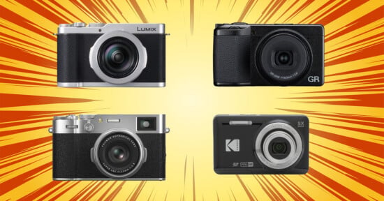 Four different compact cameras are displayed against a yellow background with red dynamic streaks radiating outward, creating a vibrant, energetic effect.