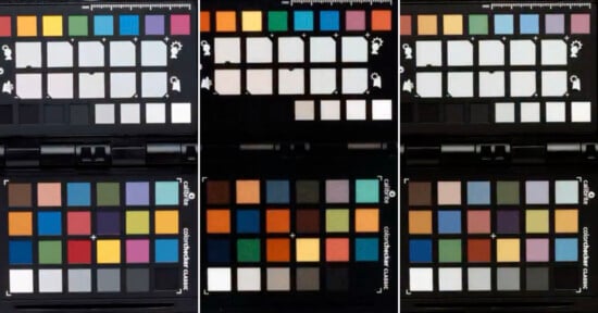 Three sets of color swatches in neat grids are displayed side by side, each showing two rows of grayscale tones and several rows of various colored squares used for color calibration or comparison.