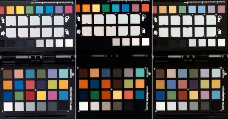 Three sets of color swatches in neat grids are displayed side by side, each showing two rows of grayscale tones and several rows of various colored squares used for color calibration or comparison.