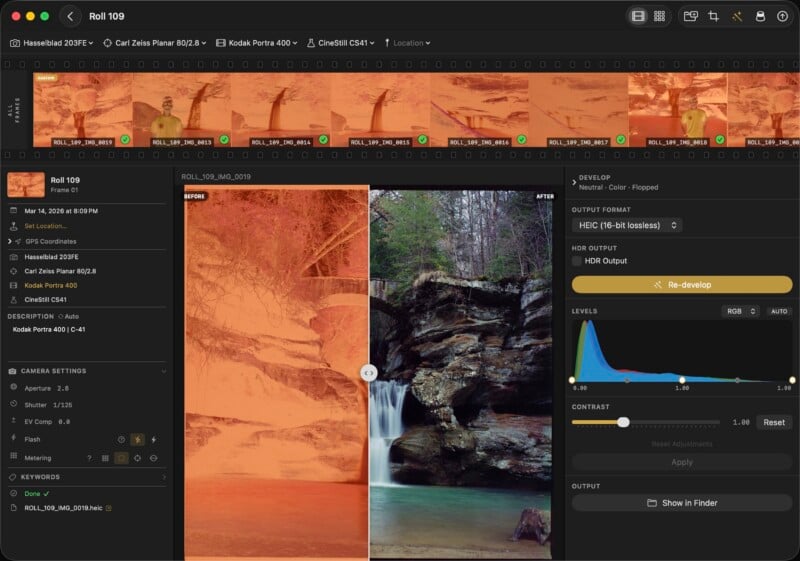 A photo editing software interface displays a split view of a forest waterfall image, showing before and after adjustments. Editing tools and histogram are visible on the right, with filmstrip thumbnails at the top.
