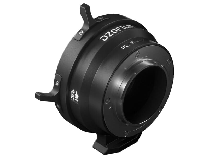 A black DZOFILM lens adapter with white text and three mounting tabs, designed for attaching camera lenses.
