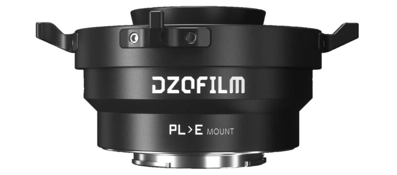 A black DZOFILM lens adapter labeled "PL to E Mount" with a sleek, cylindrical design and metallic mount at the bottom.