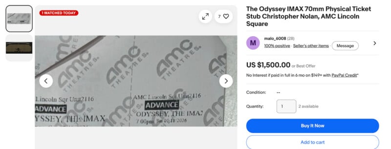 A screenshot of an eBay listing selling two AMC Theatres IMAX 70mm advance ticket stubs for "The Odyssey" at AMC Lincoln Square, priced at $1,500. Buttons for "Buy It Now" and "Add to cart" are visible.