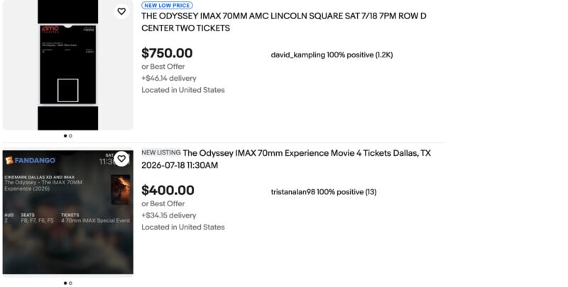 Screenshot of two eBay listings for "The Odyssey" IMAX 70mm tickets. The first offers two tickets for $750, and the second offers four tickets for $400. Both sellers have 100% positive feedback.