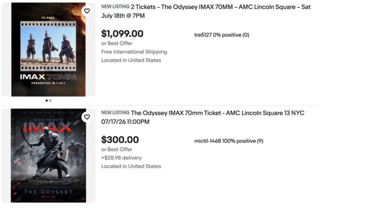Screenshot of two eBay listings for "The Odyssey" IMAX 70MM tickets at AMC Lincoln Square. One is priced at $1,099, the other at $300. Both include images of the movie poster and event details.