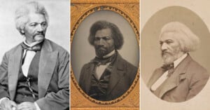 Three historical portraits of Frederick Douglass: one seated in a suit looking to the side, one formal photograph in an ornate frame, and one older, bearded, looking right in a suit and bowtie.