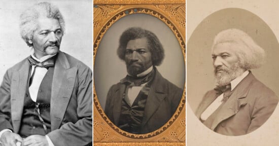 Three historical portraits of Frederick Douglass: one seated in a suit looking to the side, one formal photograph in an ornate frame, and one older, bearded, looking right in a suit and bowtie.