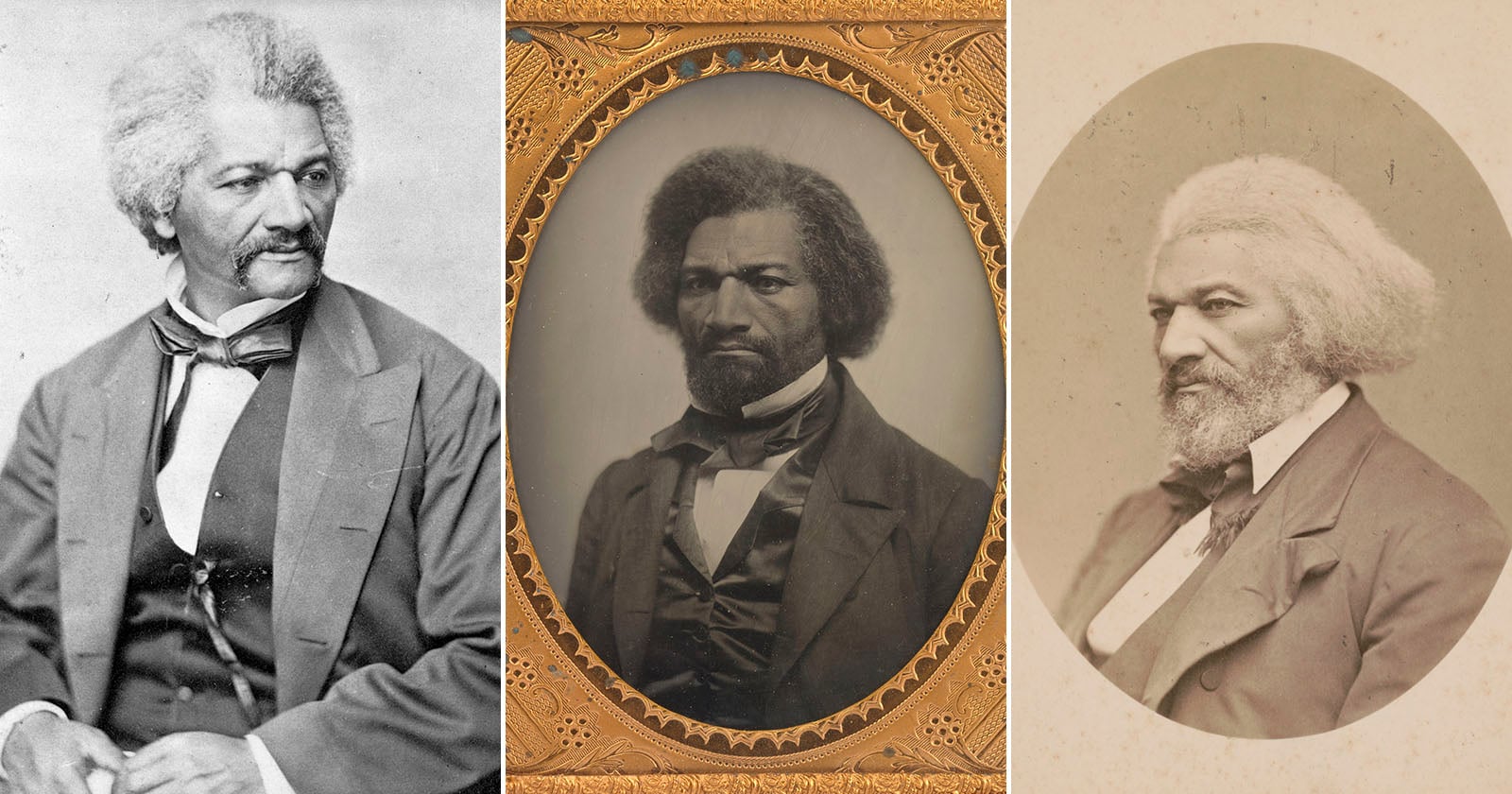 Three historical portraits of Frederick Douglass: one seated in a suit looking to the side, one formal photograph in an ornate frame, and one older, bearded, looking right in a suit and bowtie.