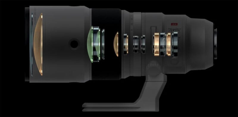 A digital rendering showing an exploded view of a camera telephoto lens, revealing its internal elements and glass components against a black background.