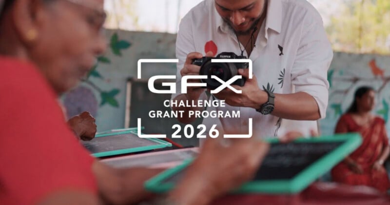 A photographer takes pictures of people writing on small chalkboards, with the text “GFX Challenge Grant Program 2026” overlaid in the center of the image.