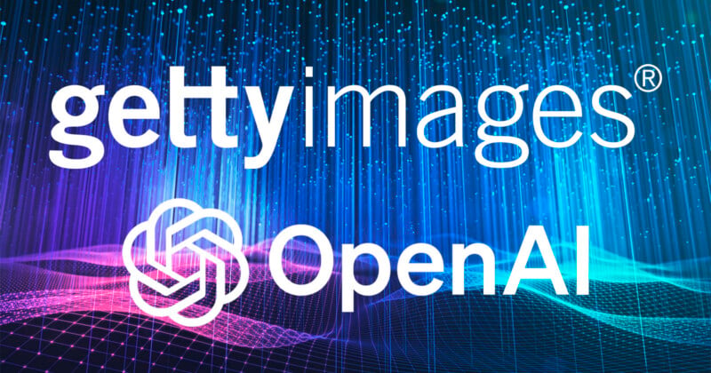 Logos of Getty Images and OpenAI appear in white text on a digital background with glowing blue and purple lines and dots, symbolizing technology and data.
