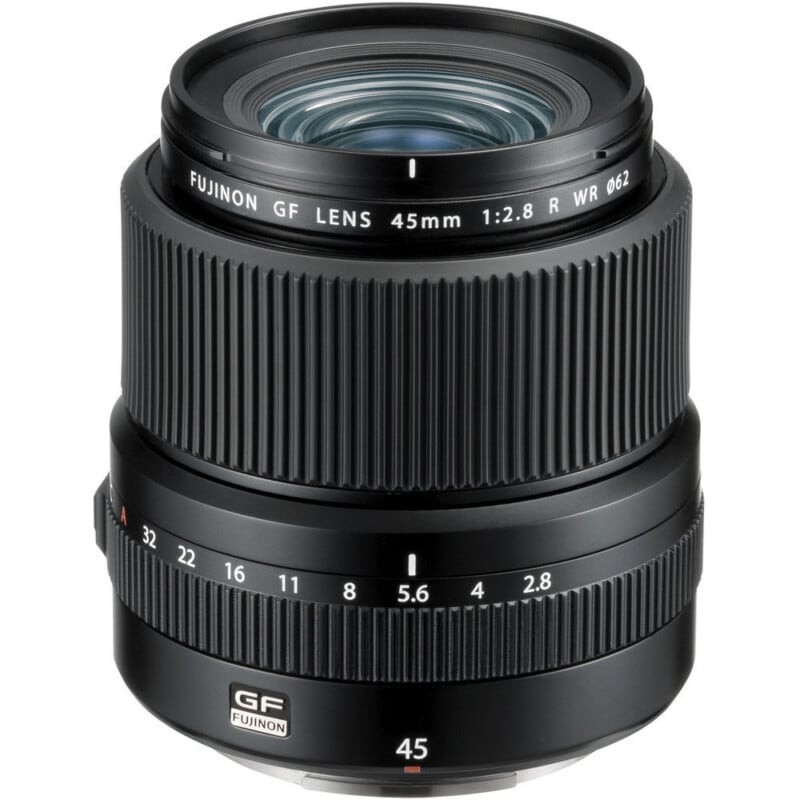 A Fujinon GF 45mm f/2.8 R WR camera lens, featuring a ridged focus ring, aperture markings, and a black exterior with branding and specifications visible on the lens barrel.