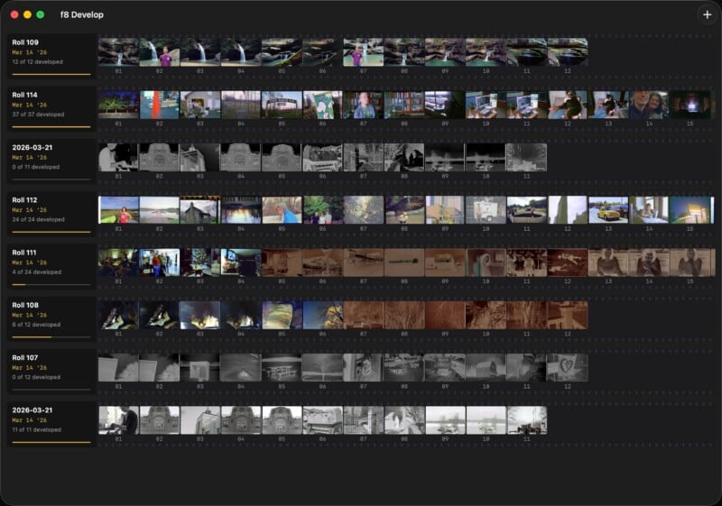 A digital contact sheet showing multiple rows of film strip thumbnails, each row labeled with roll numbers and dates. The images vary in color and black and white, depicting various scenes and people.