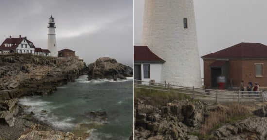 A lighthouse with attached buildings stands on rocky cliffs by the ocean under a cloudy sky. In a closer view, people walk near the lighthouse and a red-roofed brick building, with waves crashing on rocks below.