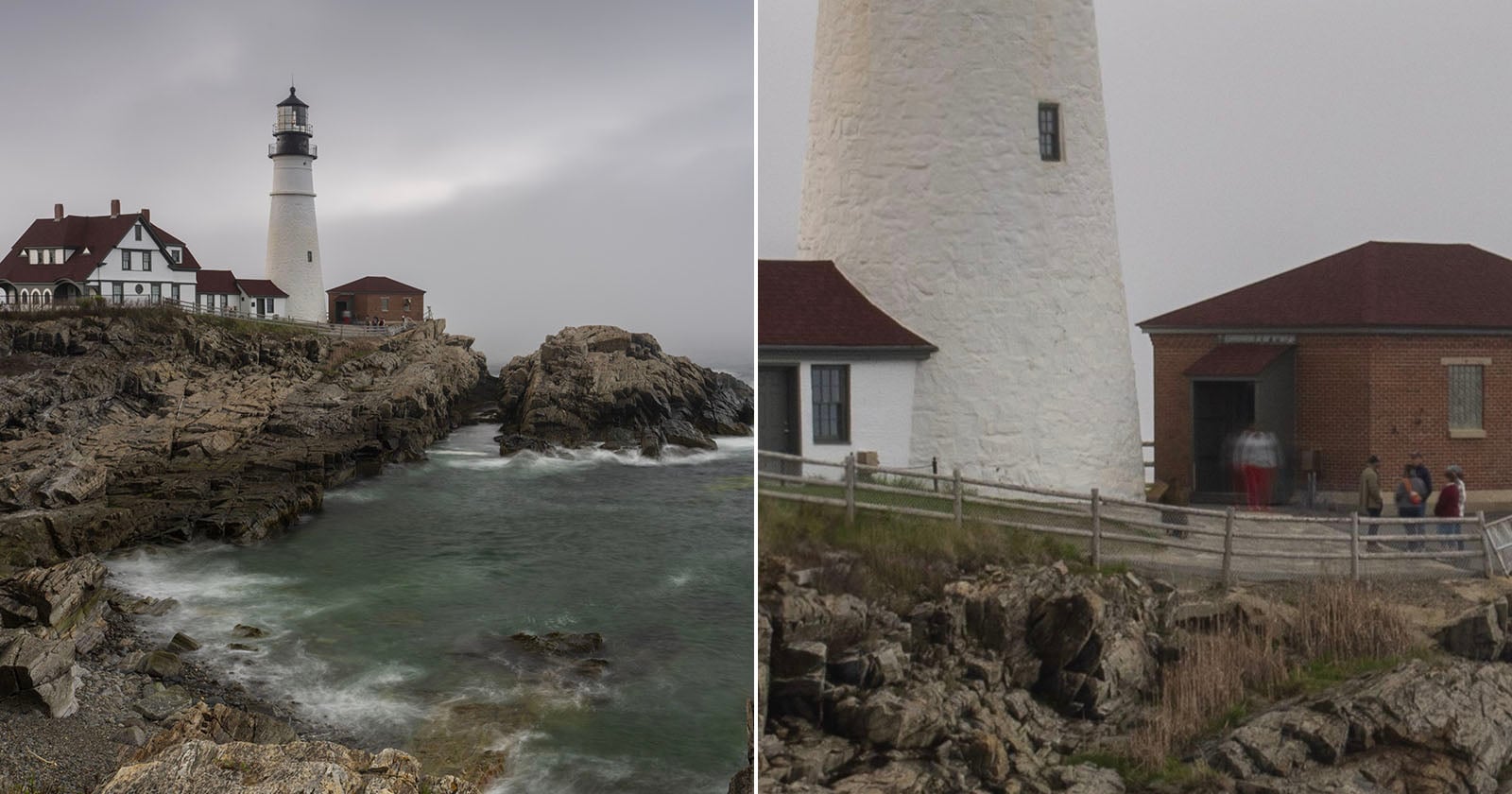 A lighthouse with attached buildings stands on rocky cliffs by the ocean under a cloudy sky. In a closer view, people walk near the lighthouse and a red-roofed brick building, with waves crashing on rocks below.