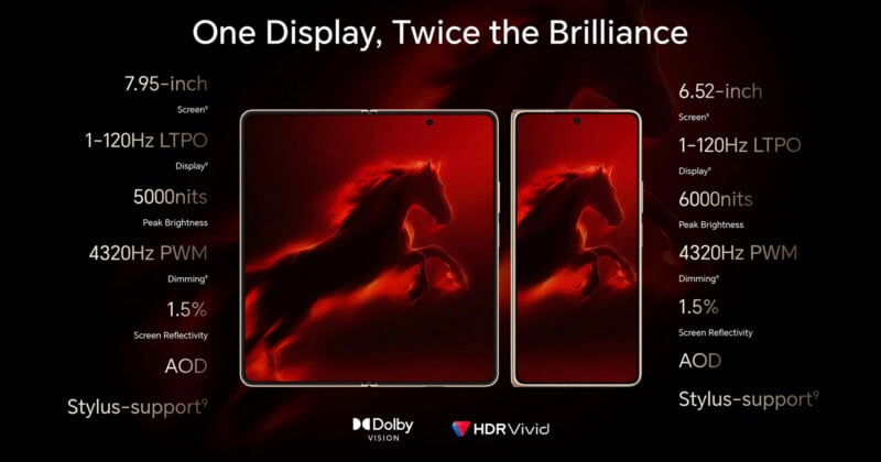 Two smartphones with vivid red horse wallpaper are shown side by side. The left phone has a 7.95-inch LTPO display; the right phone has a 6.52-inch LTPO display. Display features and specs are listed around them.