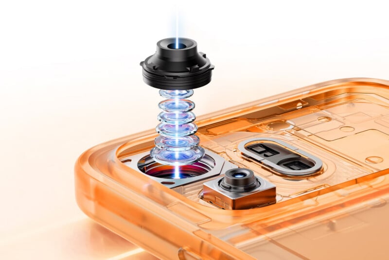 A close-up illustration shows an exploded view of a smartphone camera module, with lens components and sensors separated above an orange transparent phone casing. A blue beam of light travels through the lens elements.