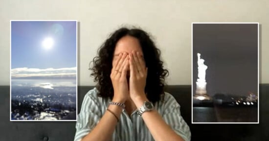 A person with curly hair covers their face with both hands while sitting on a couch. On either side are inset images: a bright sun over a snowy landscape on the left and a blurry night view of the Statue of Liberty on the right.