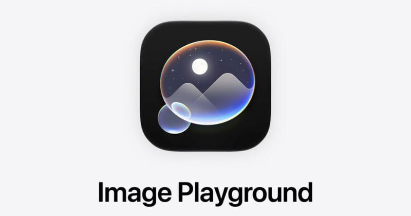 App icon featuring a stylized bubble with a moon and mountains inside, set against a dark background. Below the icon, the text "Image Playground" appears in bold black letters.
