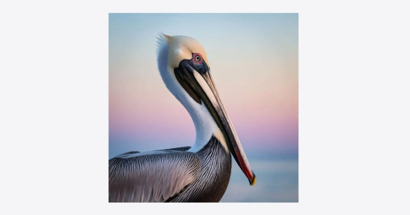 A close-up of a brown pelican with a long beak, looking to the right. The background features a soft, pastel-colored sky at sunrise or sunset, blending pink, purple, and blue hues.