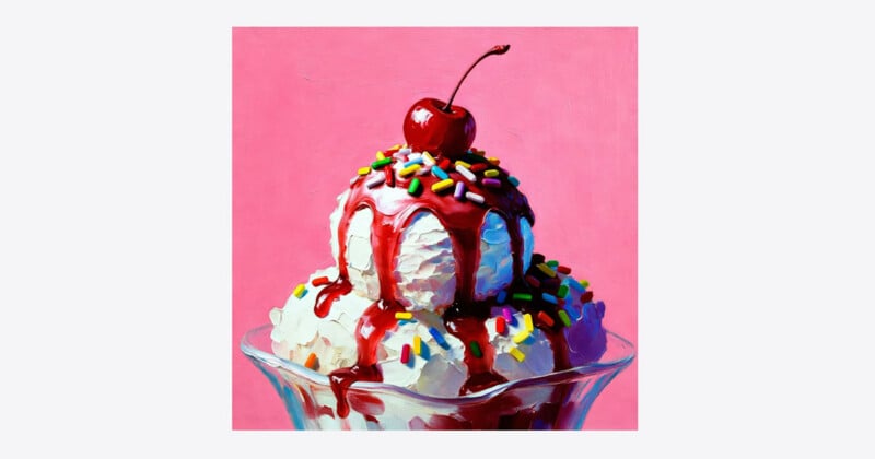A glass dish with scoops of vanilla ice cream topped with red syrup, colorful sprinkles, and a cherry, set against a bright pink background.