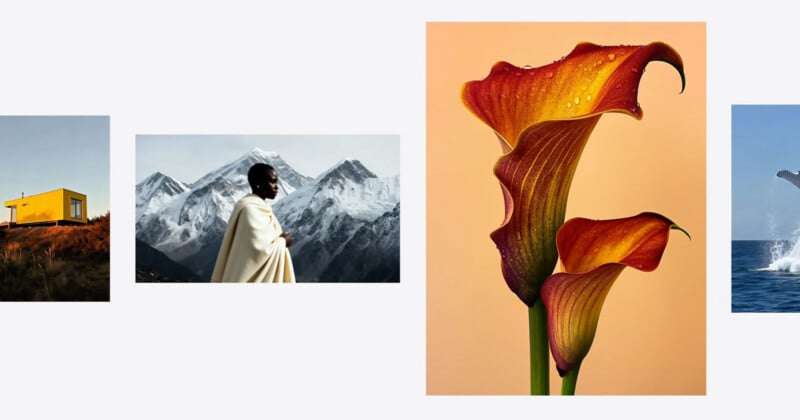 A collage with four images: a yellow house on a hill, a person in a white blanket before snowy mountains, two orange calla lilies with water drops, and a whale breaching in the ocean.