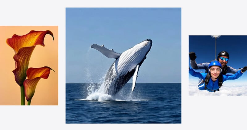A collage with three images: orange calla lilies on the left, a humpback whale breaching from the ocean in the center, and two people skydiving with blue gear on the right.