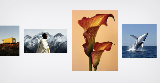 A collage with four photos: a yellow house on a hill, a person in white near snowy mountains, two orange calla lilies with water droplets, and a whale breaching from the ocean.